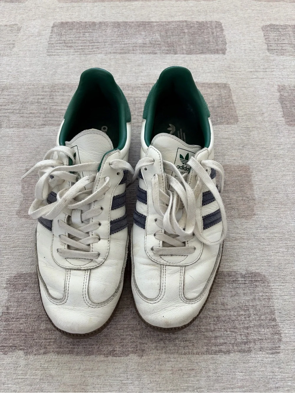 adidas Samba Sneakers in White with Navy Stripes and Green Heel Tab